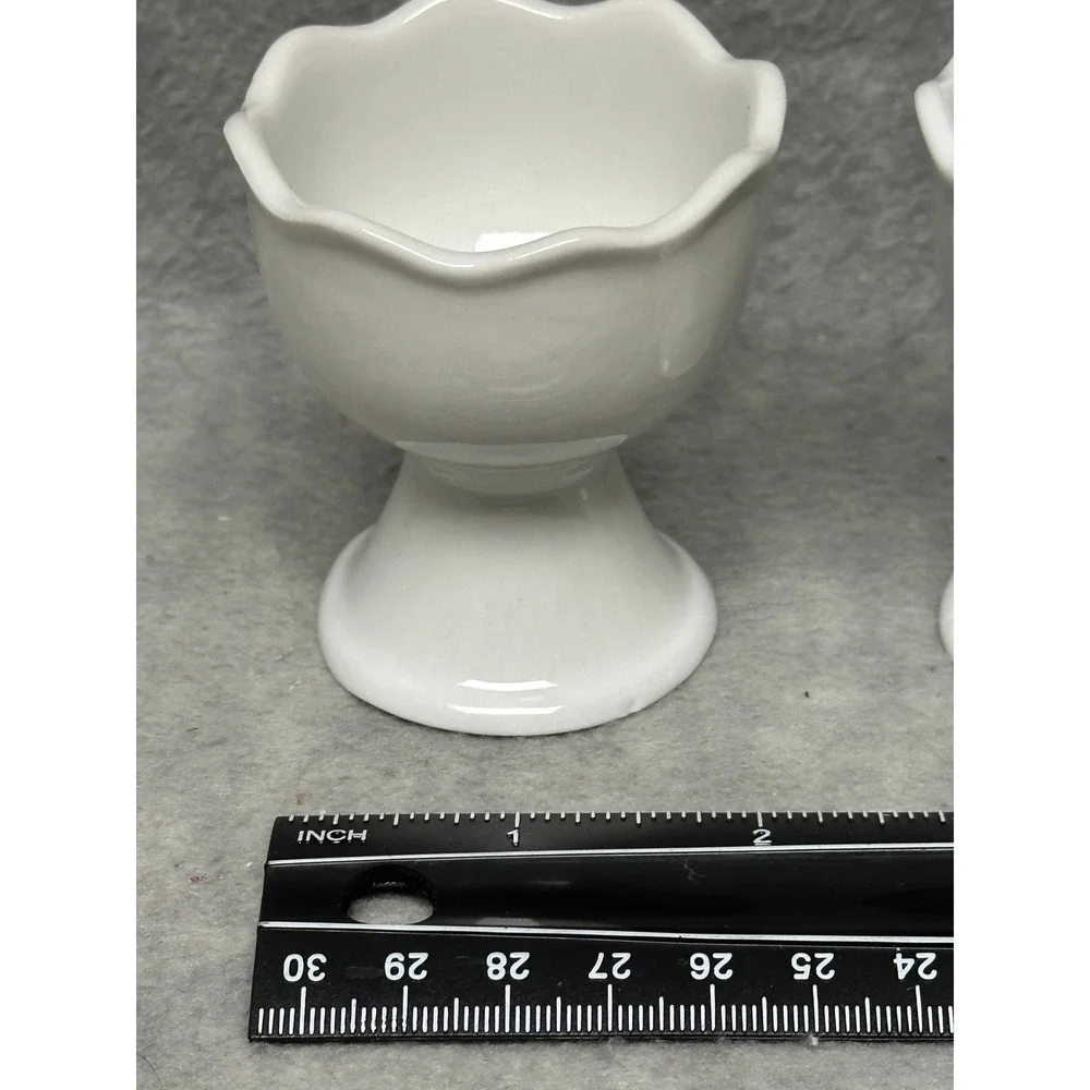 Pier 1 Egg Cup Set of 2 White Scalloped‎ Ceramic Pedestal Pair